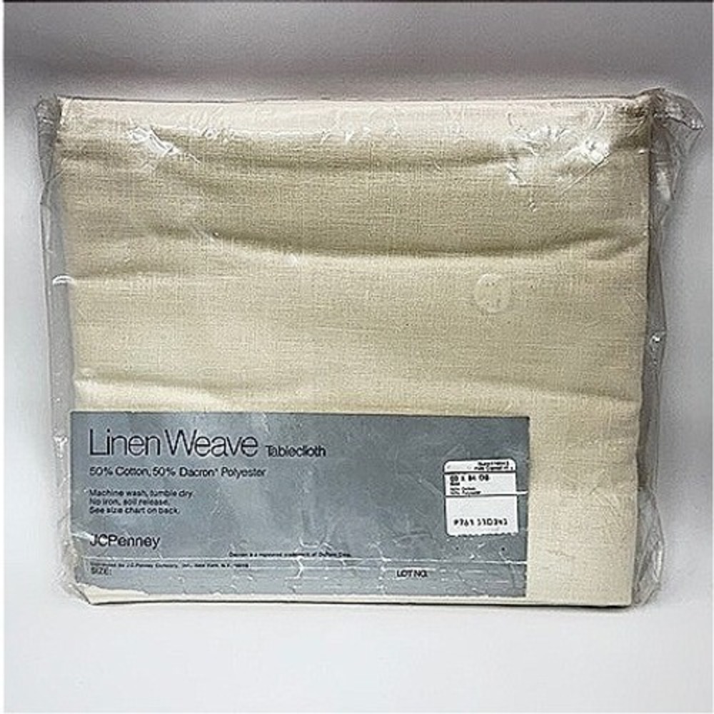 Vintage JCPenney Linen Weave Tablecloth Pale Camel 60x84 Oblong Cotton Dacron